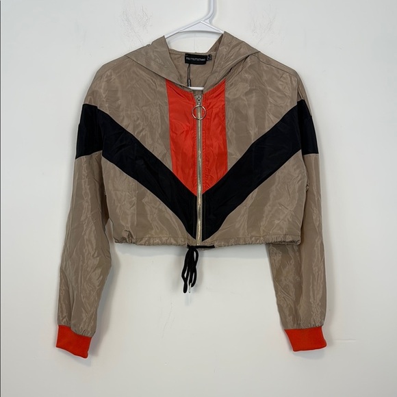 PRETTYLITTLETHING Stone Colourblock Hooded Shell Windbreaker Short Set. Size 8 - Picture 1 of 14